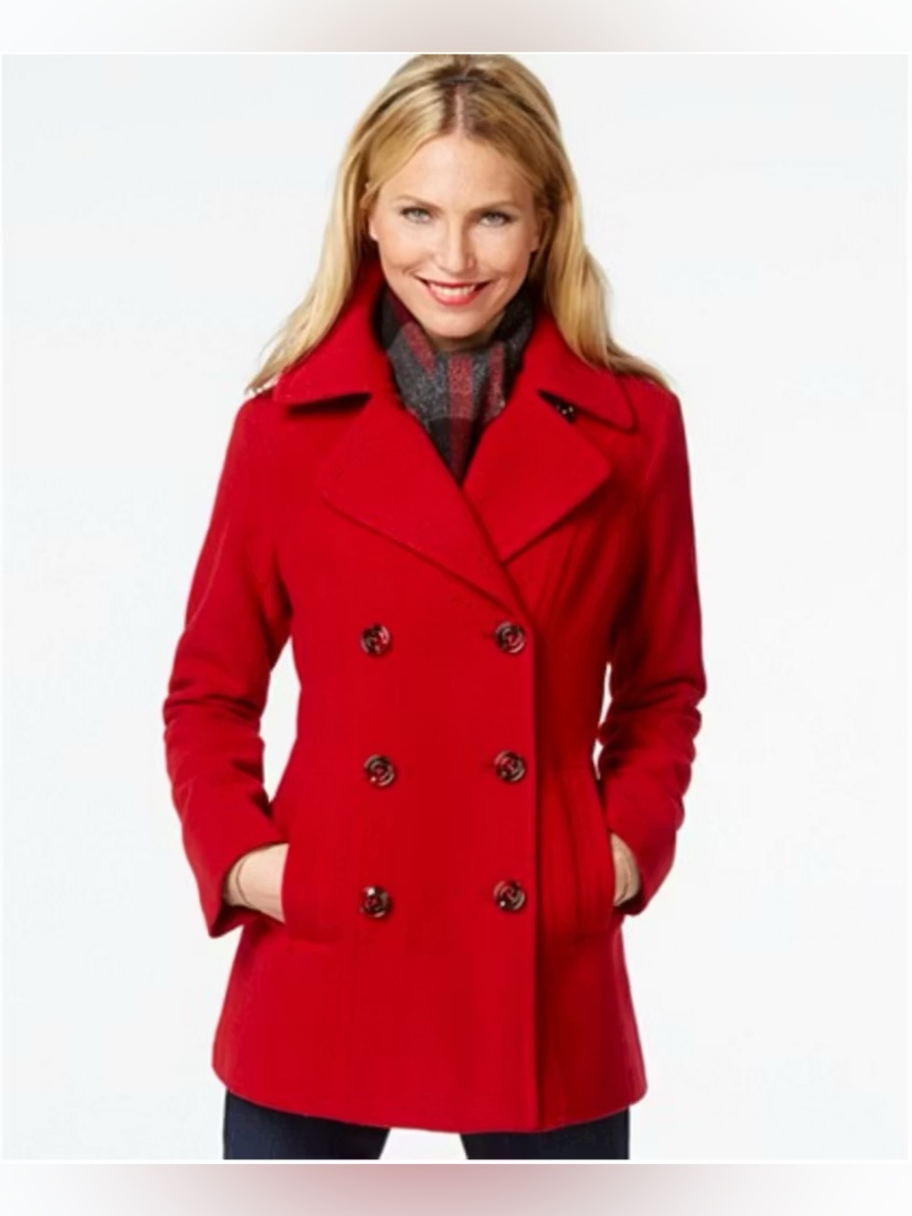 London Fog Women's Wool Red Double-Breasted Pea Coat